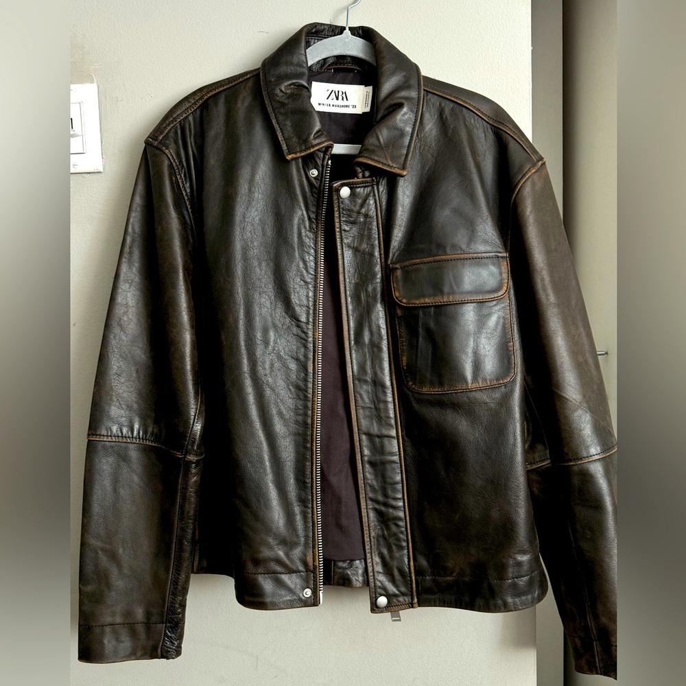 Zara Dark Brown Leather Jacket Washed-Vintage Effect.